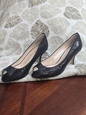 Caparros Black Sequin Peep Toe Kitten Heel Pumps 9B Formal Evening